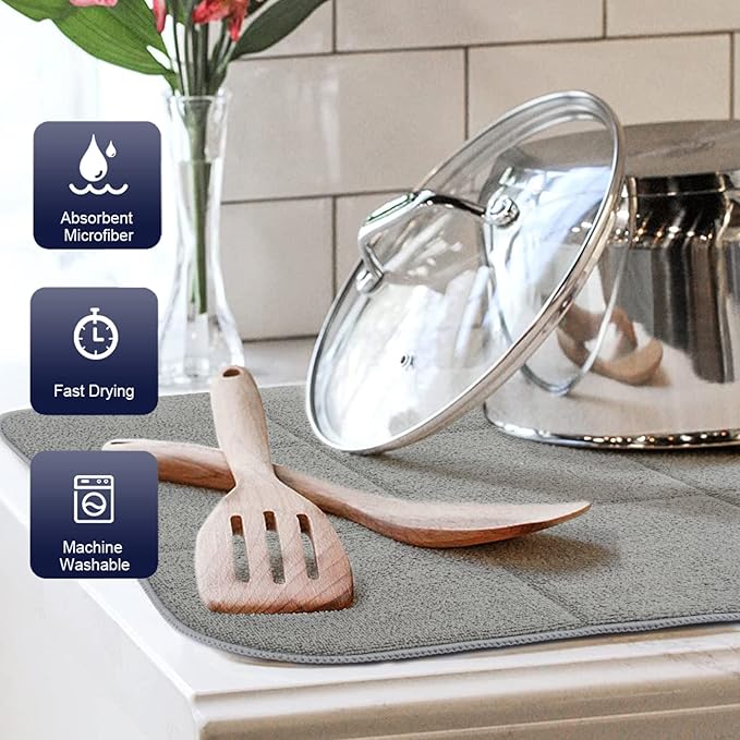 SINLAND Microfiber Dish Drying Mat Super Absorbent Dish Drying Pad for Kitchen Counter, Mat for Countertops or Sinks 16X18Inch Dark Grey 2 Pack