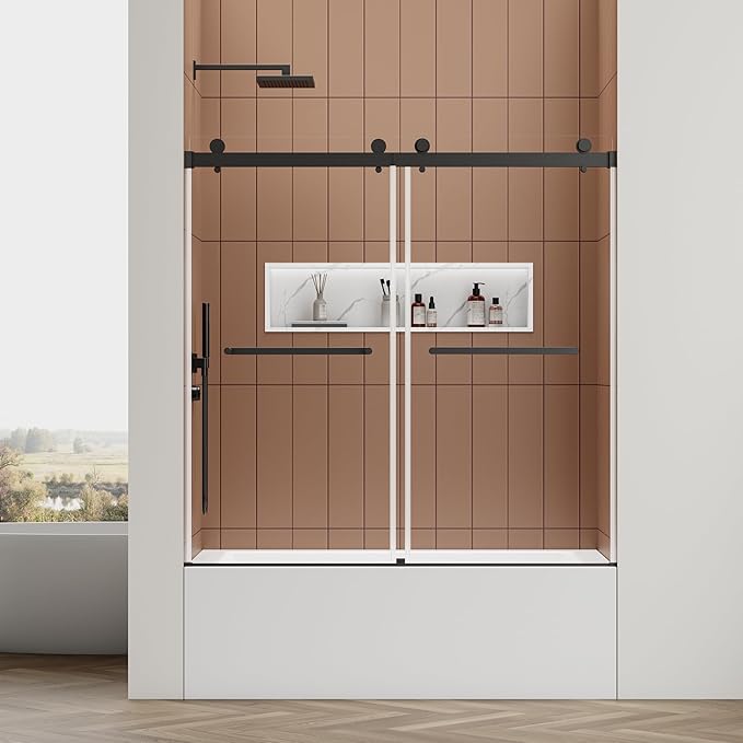 56-60" W x 60" H Double Sliding Bathtub Shower Door, 5/16" (8mm) Tempered Glass Frameless Bypass Shower Glass Door for Tub, Double Nano Coating, Pull Towel Rack (Black)