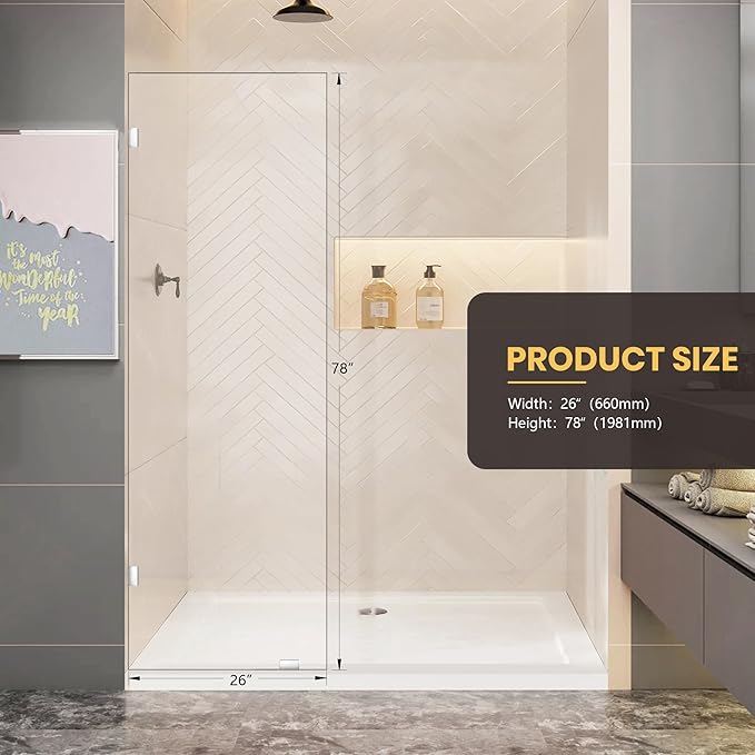 26" W x 78" H Frameless Shower Glass Panel, Single Fixed Shower Panel Screen with Clamps, 5/16"(8mm) Clear Tempered Glass, Bathroom Shower Doors Fixed Shower Glass Door Panel in Polished Chrome Finish