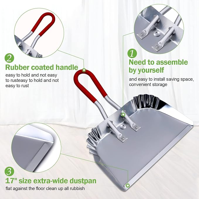 TOP DOG Metal Dustpan 17”, Aluminum Dust Pans Heavy Duty Does not Chip or Bend Sheet Metal Edge Flat Against Floor for Small Item Sweeping Rubber Coated Easy to Grasp Handle (2pcs)