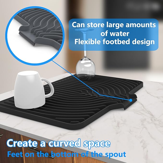 Dish Drying Matt for Kitchen Counter,10"14"18"20"Silicone Dry Rack Mat with Built in Drain, Kitchen Dry Mats for Dishes Drying Pad for Counter(18"×12"black)