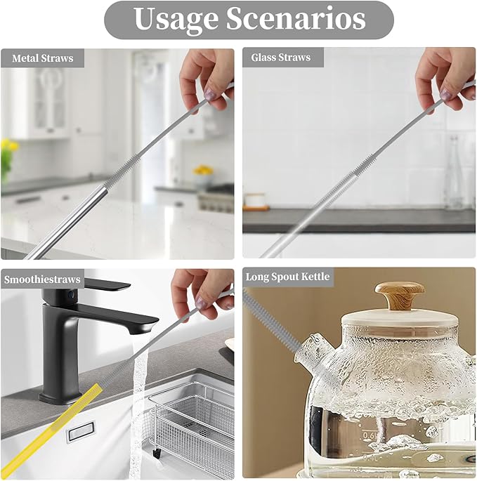 2Pcs Silicone Straw Cleaning Brushes, Extra Long, Used for Cleaning Glass Metal Smoothie Straws and StrawCups,Non-Slip Handle Soft and Bendable, 6mm+9mm. (Gray)