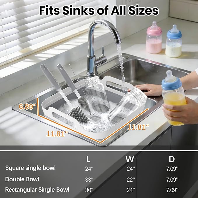 Collapsible Wash Basin for Baby Bottles - Portable 2.4 Gallon Dish Tub with Drying Rack & Lid, Foldable Sink for Camping, Outdoor Space-Saving Tub for Kitchen, RV, Camping, Outdoor Use