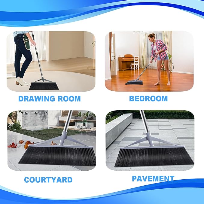 17.7inch Wide Large Broom for Sweeping Indoor or Outdoor, Whole Length 57inch Long Handle Heavy Duty Broom with Soft Bristle