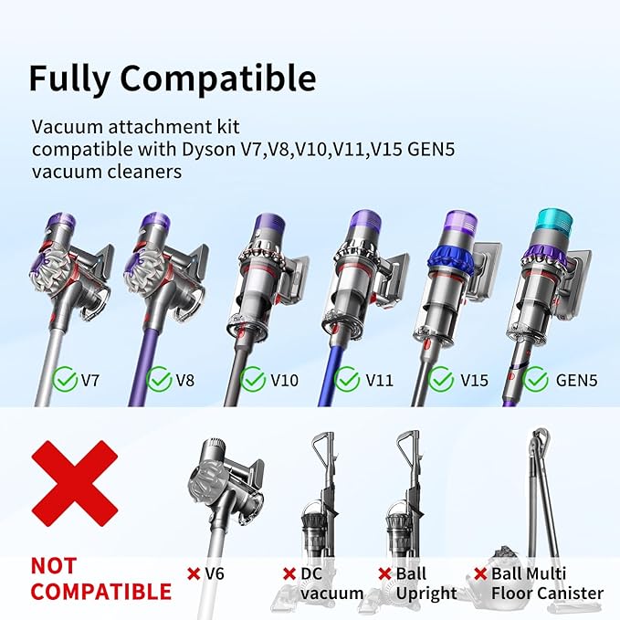 Replacement Attachment Kit compatible with Dyson V7 V8 V10 V11 V15 Absolute Animal Vacuum Cleaner, Flexible Extension Hose Mattress Tool Stiff Brush Soft Bristle Attachment, and Flexible Crevice Tool