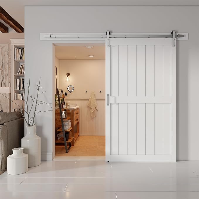 48''x84'' Sliding Barn Door with 8 Ft Brushed Nickel Hardware Kit& Handle& Floor Guides,Pre-Drilled Holes Easy Assembly - Include Installation Manual, Water-Proof PVC Surface, H-Frame