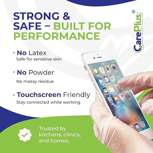 CARE PLUS Vinyl Gloves Clear Small Size 1000 Count | Heavy Duty, Non-Sterile, Powder-Free, Latex-Free Rubber | Food Prep, Kitchen & Cleaning Gloves, Ideal for Professional Use