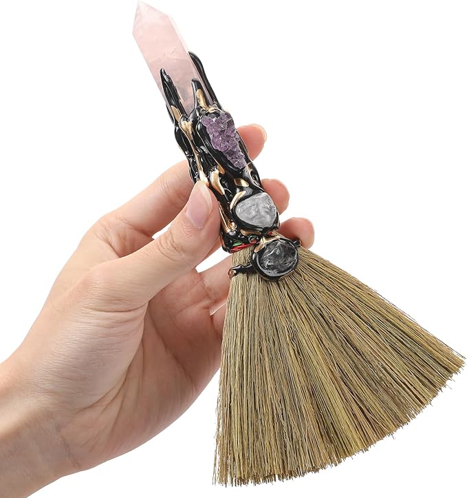 Rose Quartz Witch Broom - Witchcraft Supplies Mini Witches Broomstick with Amethyst Clusters Altar Supplies with Natural Healing Crystals Wiccan Supplies Prayers Meditation Therapy Decor