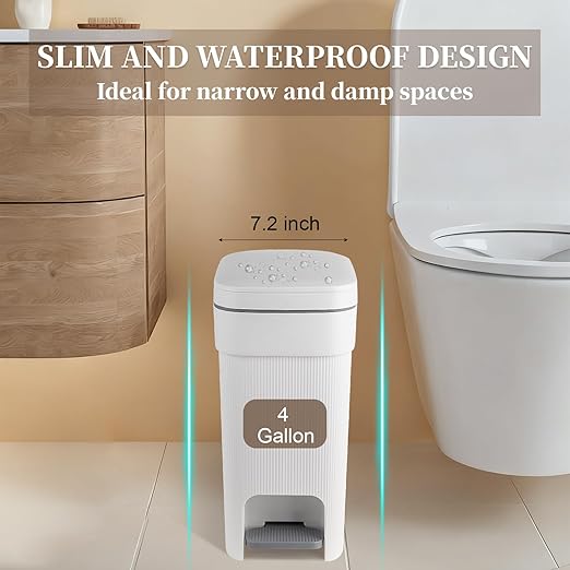 JiatuA Small Bathroom Trash Can with Lid Soft Close, 4 Gallon Step Garbage Can Slim Trash Bin Wastebasket for Kitchen Bedroom Office Living Room Toilet College Dorm, White
