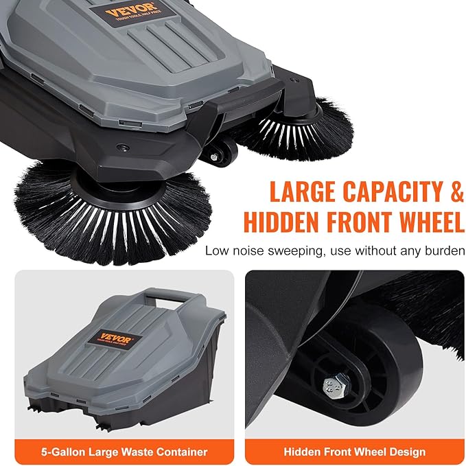VEVOR Walk-Behind Hand Push Floor Sweeper, 25.6" Sweeping Width Floor Sweeper Manual Non-Electric, 5-Gallon Waste Container, Angle & Height Adjustable Folding Handle for Walkway, Yard, Garage, Patio