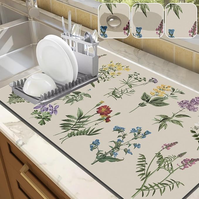 LOKHOM Dish Drying Mat for Kitchen Counter, 17"x32" Absorbent Coffee Bar Mat with Vintage Sage Flower Herbs, Dish Drainer Rack Mats for Kitchen Counter Coffee Maker Pot Dining Room Decoration