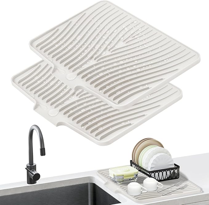 Silicone Dish Drying Mat, Stone Drying Mat for Kitchen Counter with Built-In Drain, Non-Slip Drain Pad with Built-in Drain, Heat Resistant Stone Drying Mat, Cream-2pcs, 20" x 15"