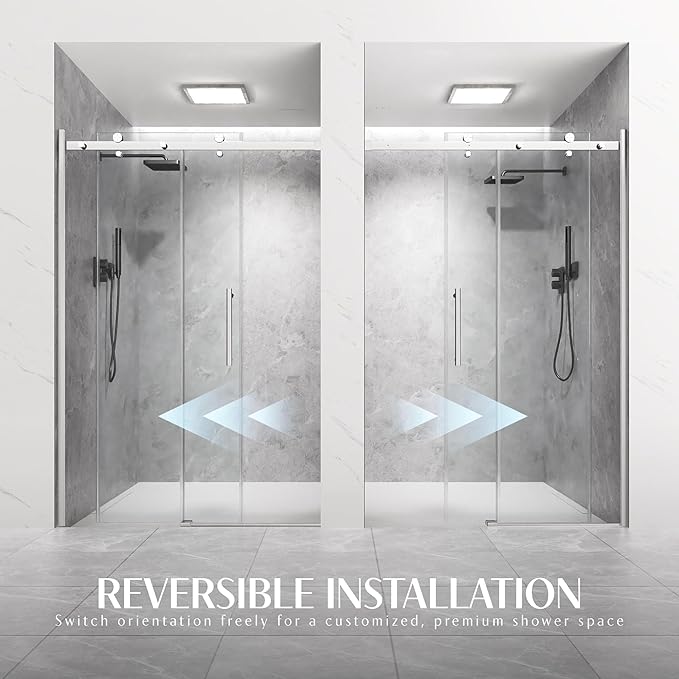 Frameless Sliding Shower Door 44-48" W x 72" H, 5/16" (8mm) Heavy Duty Tempered Glass, Brushed Nickel Finish, Single Sliding Walk-in Shower Glass Door, Reversible Installation, Smooth & Quiet Gliding