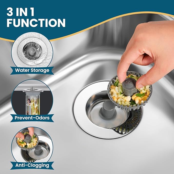 3-in-1 Kitchen Sink Strainer & Stopper, Stainless Steel Finish Pop Up Drain Plug – Anti-Clogging Food Catcher with Brass Core – Fits Standard 3.5 Inch Drain, Heavy Duty Replacement