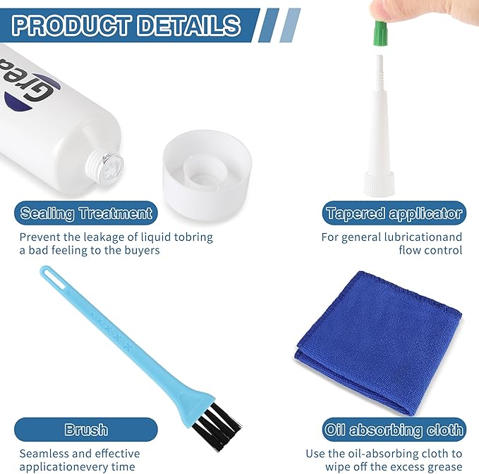 Drawer Slide Grease 3.38oz Multi-Purpose Lubricant for Cabinet Slides, Door Hinges, Bearings, Gears, Garage Doors and Window Tracks, With Cleaning Cloth, Tapered Applicator and Brush