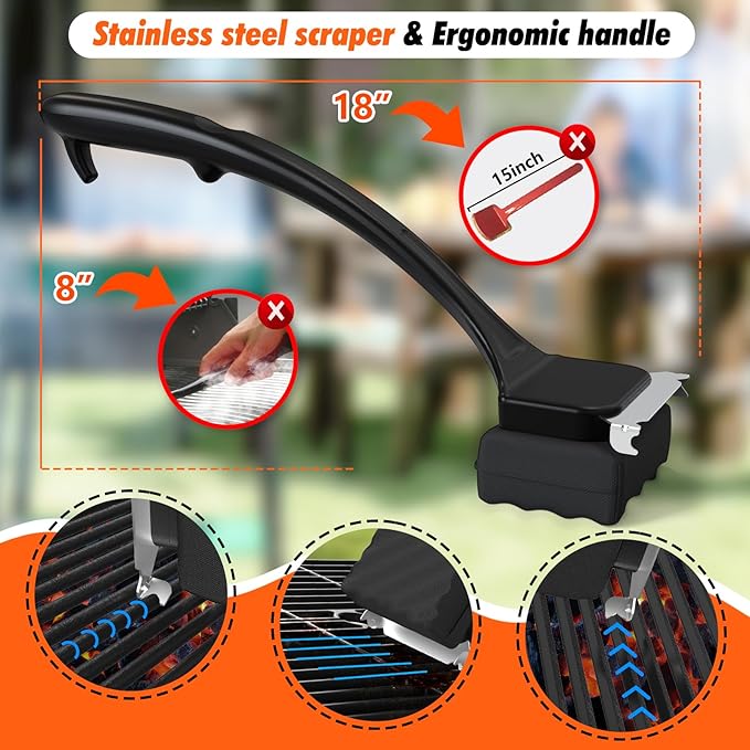 Grill Brush for Outdoor Grill, Steam Grill Cleaner Bristle Free with Scraper, Replaceable Cleaning Head & Heat-Resistant Handle, Grilling Gifts for Dad, Men - Black