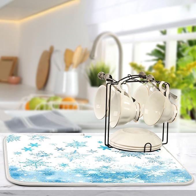 Winter Snowflake Blue Dish Drying Mat for Kitchen Countertop 16x18 Christmas Snowman White Xmas Small Drying Mat Reusable Quick Dry Dish Sink Mats Easy Clean Decorative Essentials