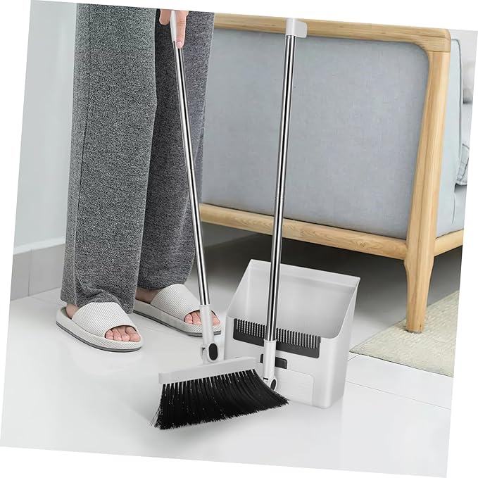 GLEAVI Broom and Dustpan Set 3 in 1 Long Handle Broom with Standing Dustpan Compact Folding Dust Pan Set for Indoor and Outdoor Cleaning