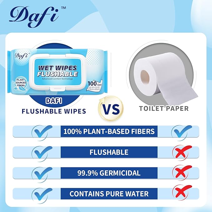 DAFI Flushable Wipes for Adult Wet Wipes, Total 600 Unscented Toilet Wipes Flushable, No Alcohol & 100% Plant Based Fibers, Septic and Sewer Safe Pack of 6