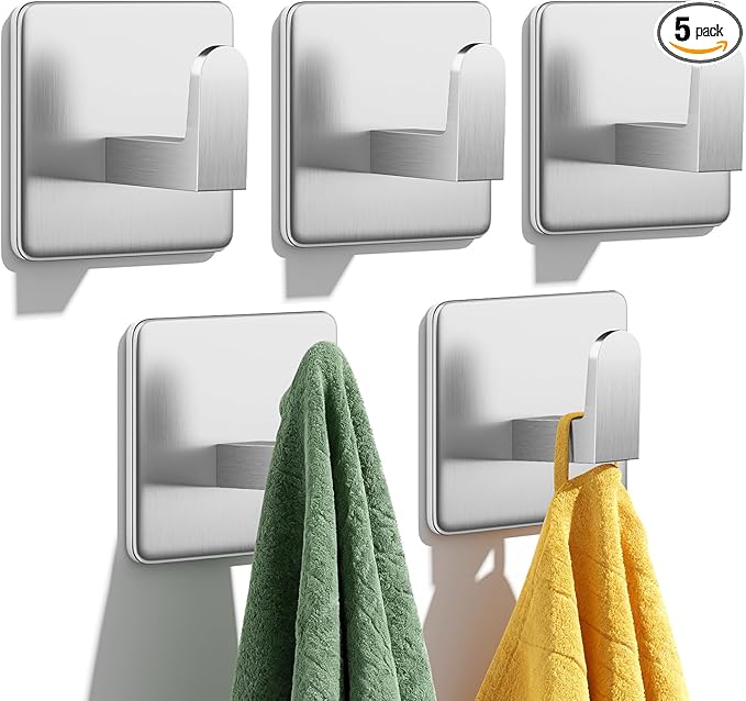 Auxmir Adhesive Hooks 15lb(Max) Towel Hooks, 5 Pack No Drilling Damage Free Wall Hooks, Thicken SUS304 Stainless Steel for Coat Robe, Waterproof Oilproof Rustproof for Bathroom Kitchen Office, Silver