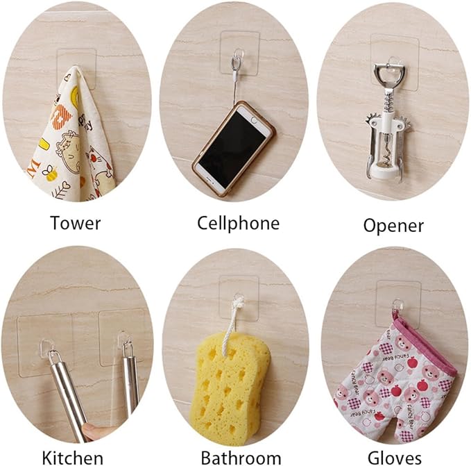 Hawsam 8PCS Clear Adhesive Sticky Wall Hooks,No Drilling Strong Waterproof Sticker Hanger for Kitchen, Shower and Bathroom 20kg/44lb. (Max Loading)