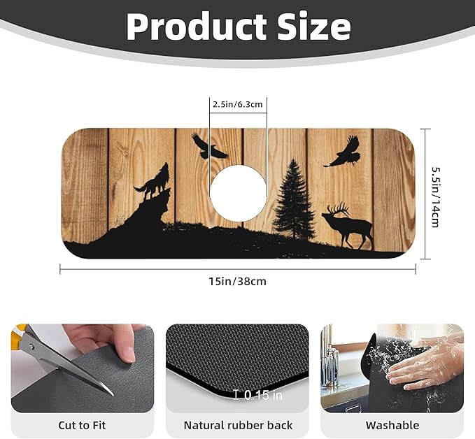 Retro Rustic Wolf Deer Forest Brown Wood Dish Drying Mat for Kitchen Counter, 16"x18" Microfiber Absorbent Fast Dry Mat, 2Pcs Dish Mat Faucet Mats Sets, Large Drying Kitchen Mat Kitchen Drying Pad