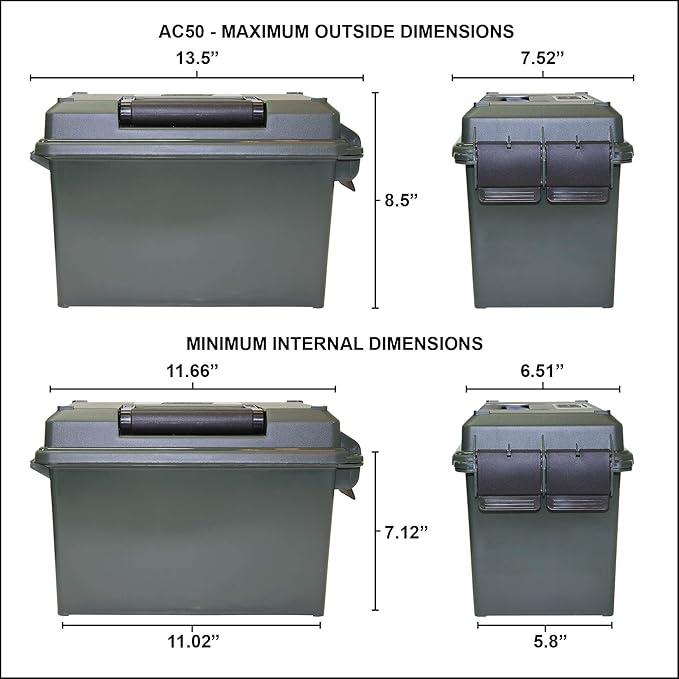 MTM AC50C Ammo Can, 50 Caliber, Field Boxes, Lockable Storage Box with Handle, Water and Dust Resistant, Secures Hunting Gear, Supplies, and Bullets, Stackable, USA Made