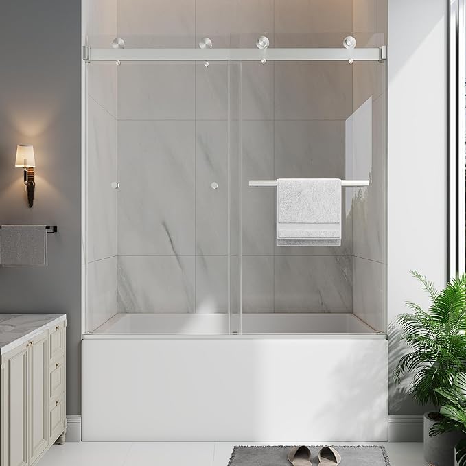 Frameless Bathtub Shower Door, 55-60" W x 60" H Double Sliding Tub Shower Door, 1/4''(6mm) SGCC Tempered Glass with Explosion-Proof Film Nano Coating, Brushed Nickle