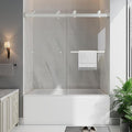 Frameless Bathtub Shower Door, 55-60" W x 60" H Double Sliding Tub Shower Door, 1/4''(6mm) SGCC Tempered Glass with Explosion-Proof Film Nano Coating, Brushed Nickle