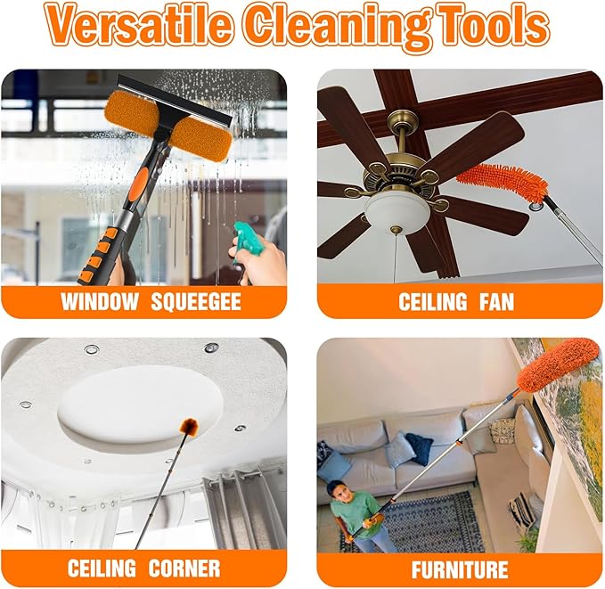 20FT High Reach Duster Cleaning Kit with Extension Pole, High Ceiling Fan Cleaner Duster Tool for Fan Blades, Window Washing Kit with Microfiber Feather Duster & Window Squeegee & Bucket