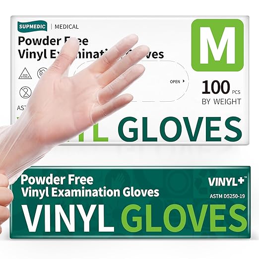 Vinyl Disposable Exam Gloves, Clear 4 Mil Powder-Free Latex-Free Medical Food-Safe Cooking Cleaning Glove, 100 Pcs (Medium)