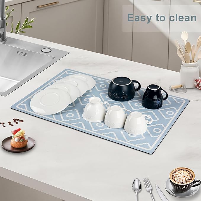 SUEH DESIGN Dish Drying Mat, Absorbent Coffee Mat 19.6 x 11.8 in Quick Dry Drying Mats Large Coffee Mat for Coffee Bar Kitchen Countertop, Blue