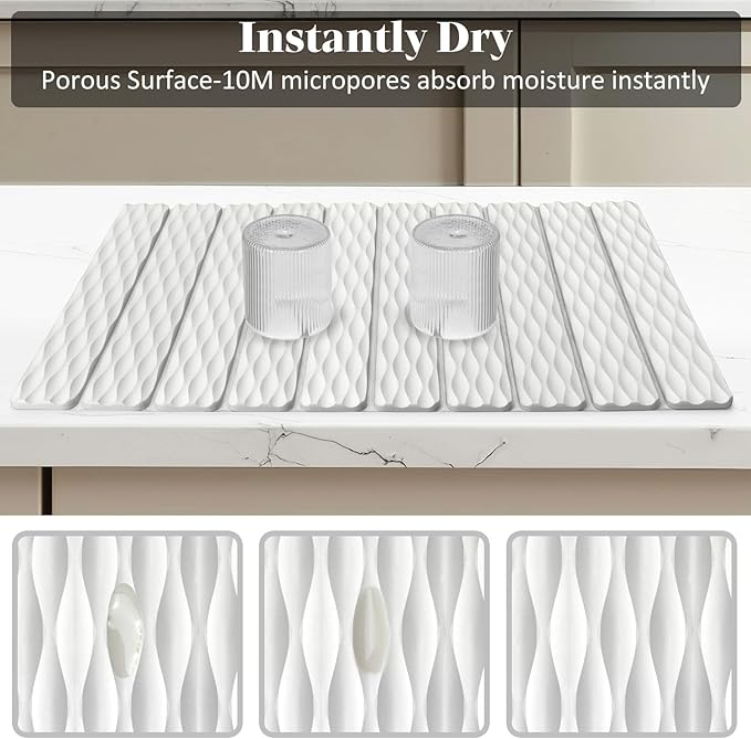 Stone Dish Drying Mat for Kitchen Counter, 24"(L)×16" (W) Large Foldable Absorbent Diatomaceous Earth Dish Drying Mat, Kitchen Counter Mats for Dishes Bottles Cups, Match Any Countertop - Wave Pattern