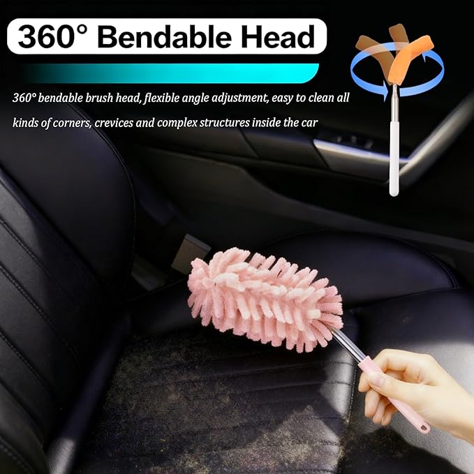 2PCS Car Duster Interior with Bendable Head & Retractable Extension Pole,Pink Microfiber Duster for Car Interior Detailing Cleaning,Universal Cars Interiors Dusters Cars Tools