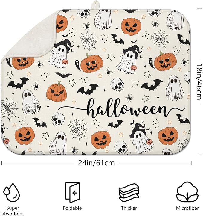 Halloween Dish Drying Mat for Kitchen Counter,Horror Halloween Pumpkin Skull Ghost Pattern Microfiber Drying Mat,Washable Absorbent Countertop Holiday Dish Mat Drain Pad,18x24Inch