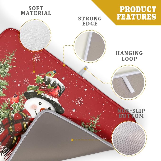 Christmas Dish Drying Mat for Kitchen Counter Snowman Green Christmas Tree Microfiber Absorbent Dish Draining Reusable Washable Foldable Extra Large 18"x24"