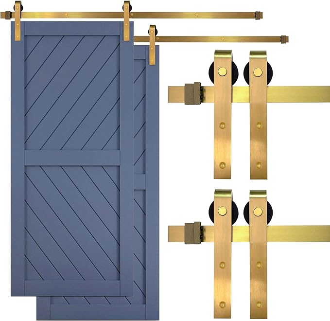 Rio Salto Gold Barn Door Hardware Kit Adjustable Length Sliding Hardware Modern Barn Interior Brushed Brass Panel Hardware Hardware Kit, (2) 6ft Single Door - NO Door