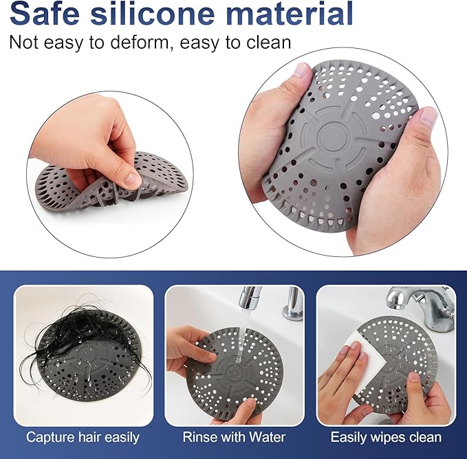 Shower Drain Hair Catcher 5.5 in Round Bathroom Sink Drain Strainer with Metal Core Silicone Shower Drain Cover Protector for Flat Drains of Shower Room, Bathroom Sink, Kitchen, Gray
