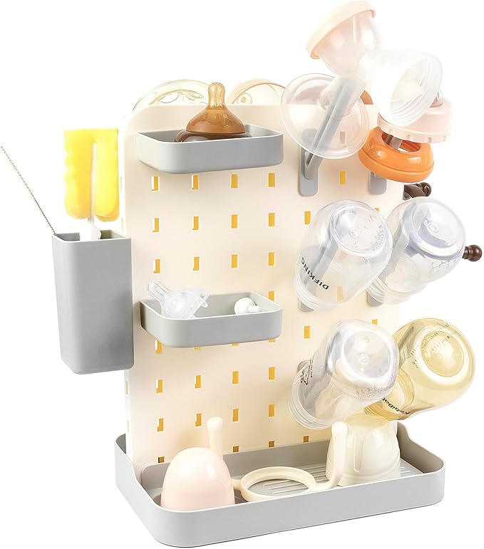 Baby Bottle Drying Rack Space Saving Countertop Vertical Rack with Brushes Holder (Gray)