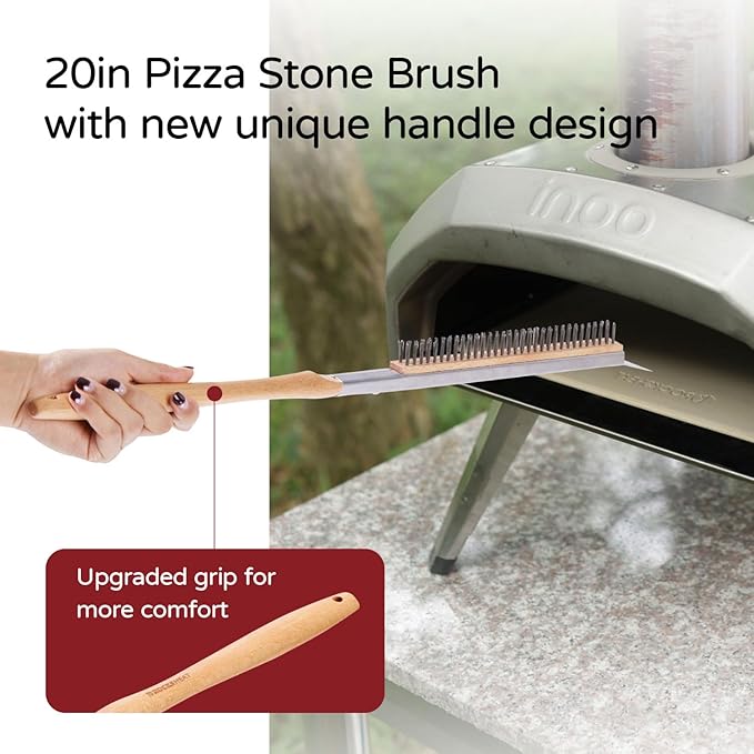 Pizza Oven Brush, 20 Inch Grill Cleaning Brush with Scraper, Heat Resistant Stainless Steel Bristles, Beech Wood Handle, 2 in 1 Pizza Stones Brush, Ourdoor pizza oven accessories