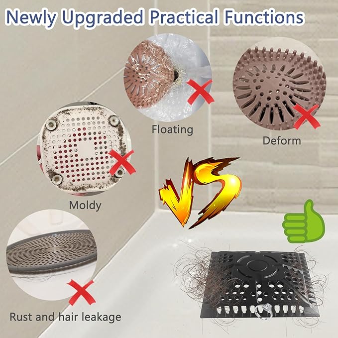 Shower Drain Hair Catcher, Square Silicone Shower Drain Cover for 4in Shower Room Floor Drain Protector, Dark Grey