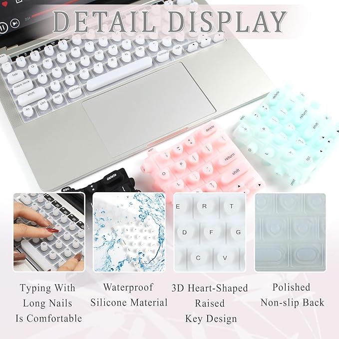 Keyboard Cover for Long Nails, Acrylic Gel Nails - Silicone Keyboard Protector Skin with Raised Keys for Typing and Gaming, Compatible with MacBook Pro/Air 13"/14"/15"/16" 2020-2025 (White)
