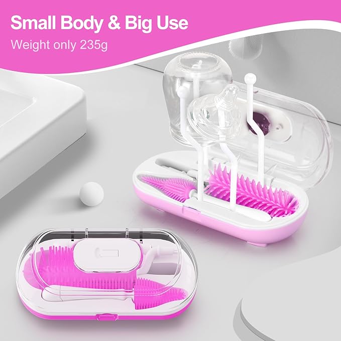 Bottle Brush Set with Drying Rack,Travel Bottle Cleaner Kit with Baby Bottle Brush,Straw Cleaner Brush,Nipple Brush-Baby Travel Essentials for Flying (Purple, Box-Shaped)