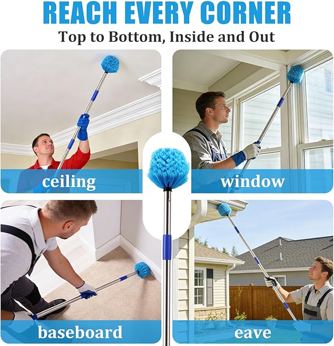 Cobweb Duster with Extension Pole, 8 FT Long Duster for High Ceilings, Walls, Medium Stiff Bristles Cobweb Brush with Lightweight Stainless Steel Pole for Outdoor Indoor Cleaning