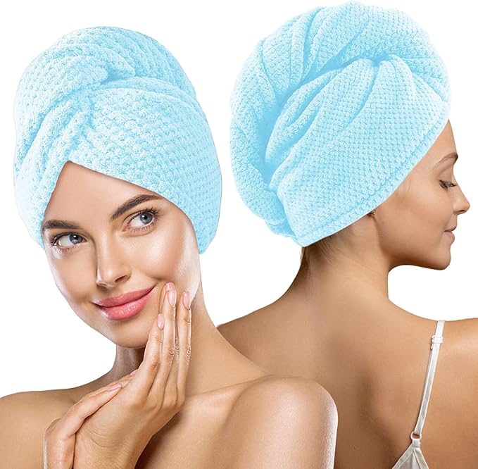Thicker Hair Drying Towels, Quick Drying Towels for Hair with Button, Super Absorbent Hair Turbans for Wet Hair Long Thick Curly Hair, Soft Hair Drying Towel Wrap, Light Blue