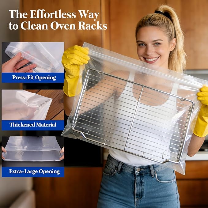 Oven Rack Cleaning Bags 19.6 x 27.5 Inch, 5 Pack Heavy-Duty No-Scrub Oven & Grill Soaking Bags with Side Zipper Opening, Reusable Leak-Resistant Cleaning Pouches