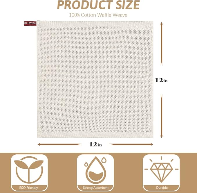 Nialnant 100% Cotton Cleaning Cloth,4 Pack Waffle Weave Cleaning Towels,Super Absorbent Dish Rags for Washing Dishes-12x12 Inch,Beige