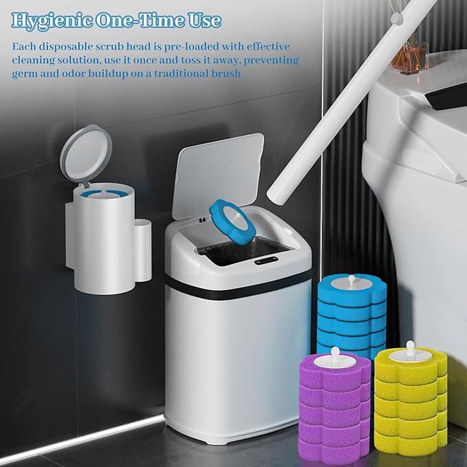 Disposable Toilet Brush Set with Holder, Angled Cleaning Wand with 24 Refill Heads, Wall-Mounted Hygienic Toilet Cleaner (Ocean, Lemon, Lavender Scents)