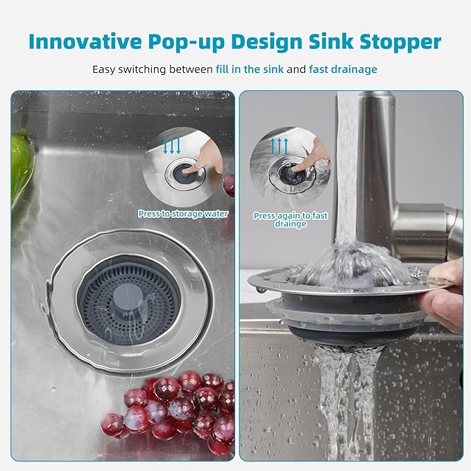 Hibbent Universal 3 in 1 Metal Kitchen Sink Drain Strainer, Upgraded Stainless Steel Drain Stopper Combo, Pop Up Sink Stopper, 3 Anti-Clogging Basket Strainers with Handle for US Standard 3-1/2" Drain