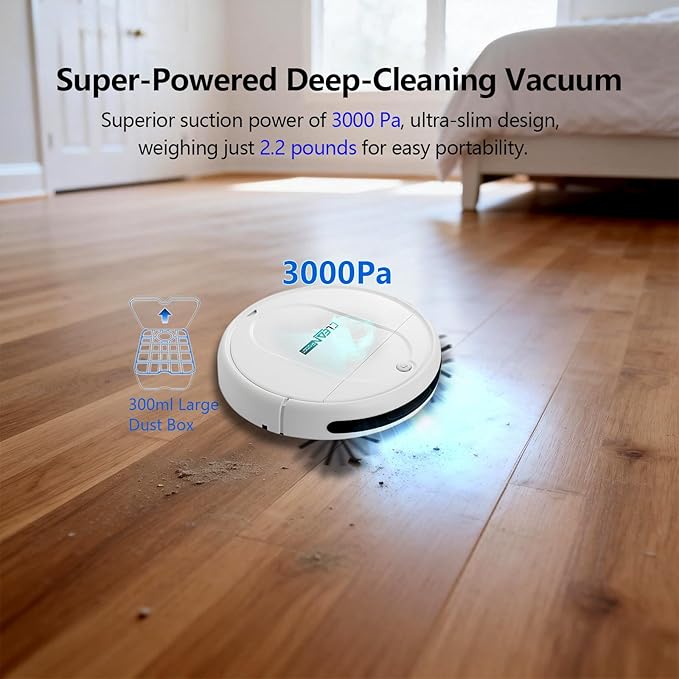 Robot Vacuum Cleaner, 3000Pa Powerful Suction, 2.56-inch Ultra-Slim Body, 120-Minute Long Battery Life, Quiet Operation, Smart Navigation, Suitable for Hard Floors/Low-Pile Carpets/Pet Hair- Whites-2